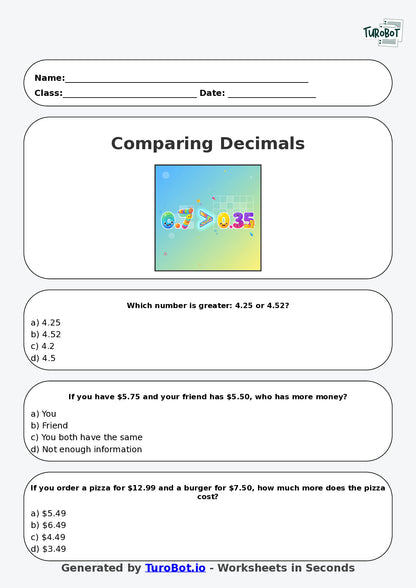 Year 5 Maths Multiple Choice Worksheet – Comparing Decimal Values