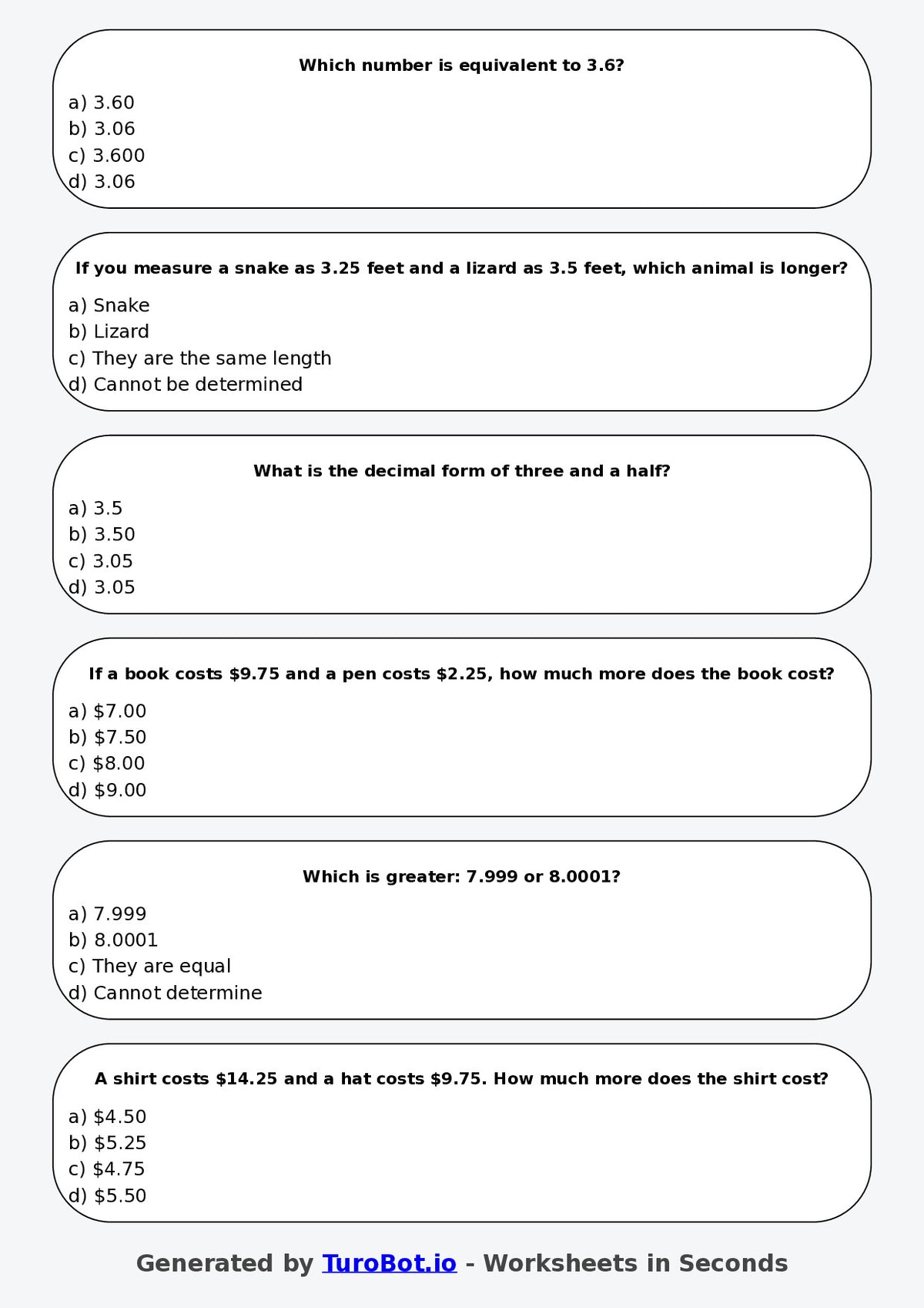 Year 5 Maths Multiple Choice Worksheet – Comparing Decimal Values