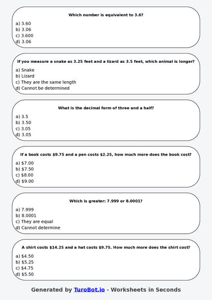 Year 5 Maths Multiple Choice Worksheet – Comparing Decimal Values