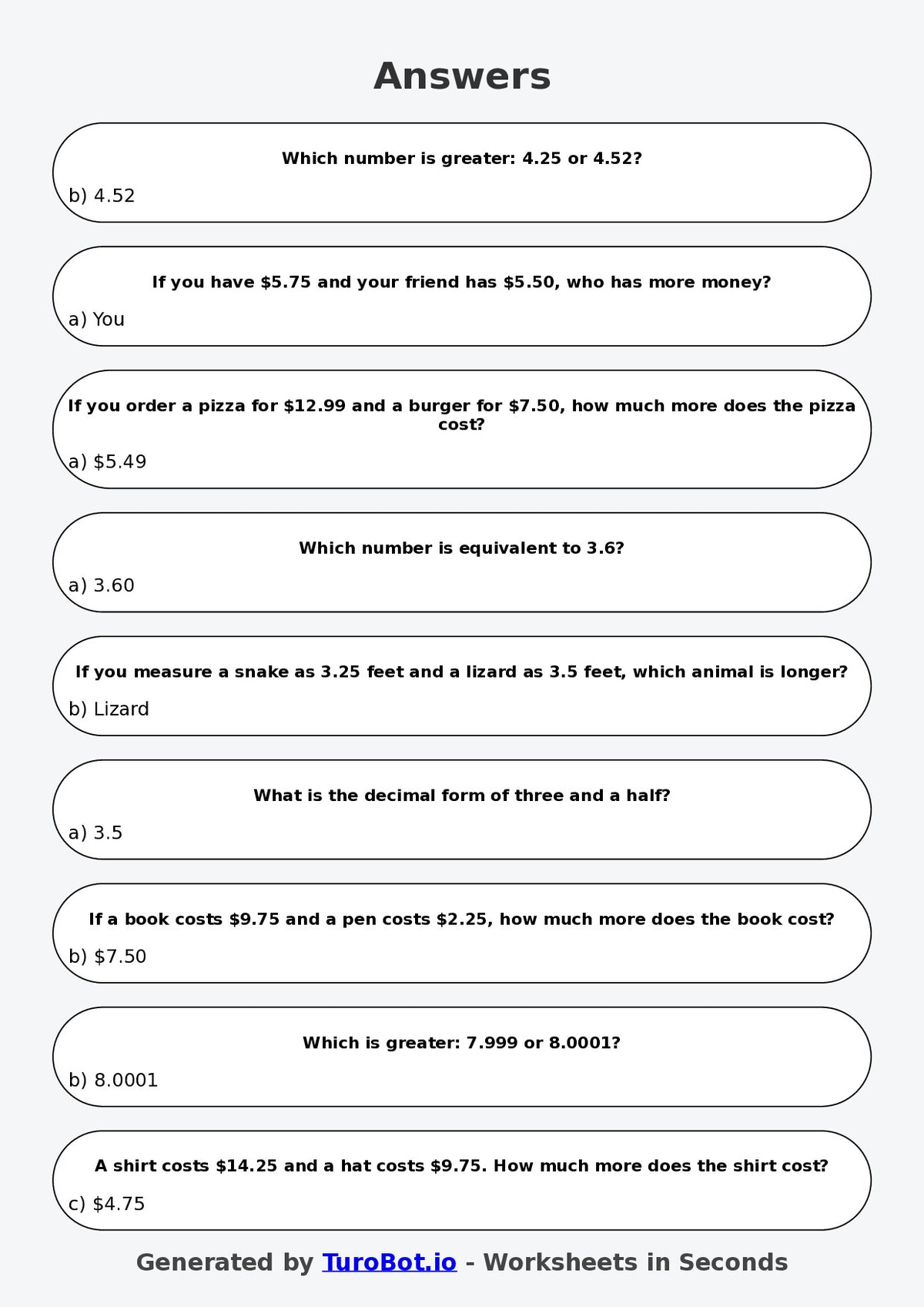 Year 5 Maths Multiple Choice Worksheet – Comparing Decimal Values