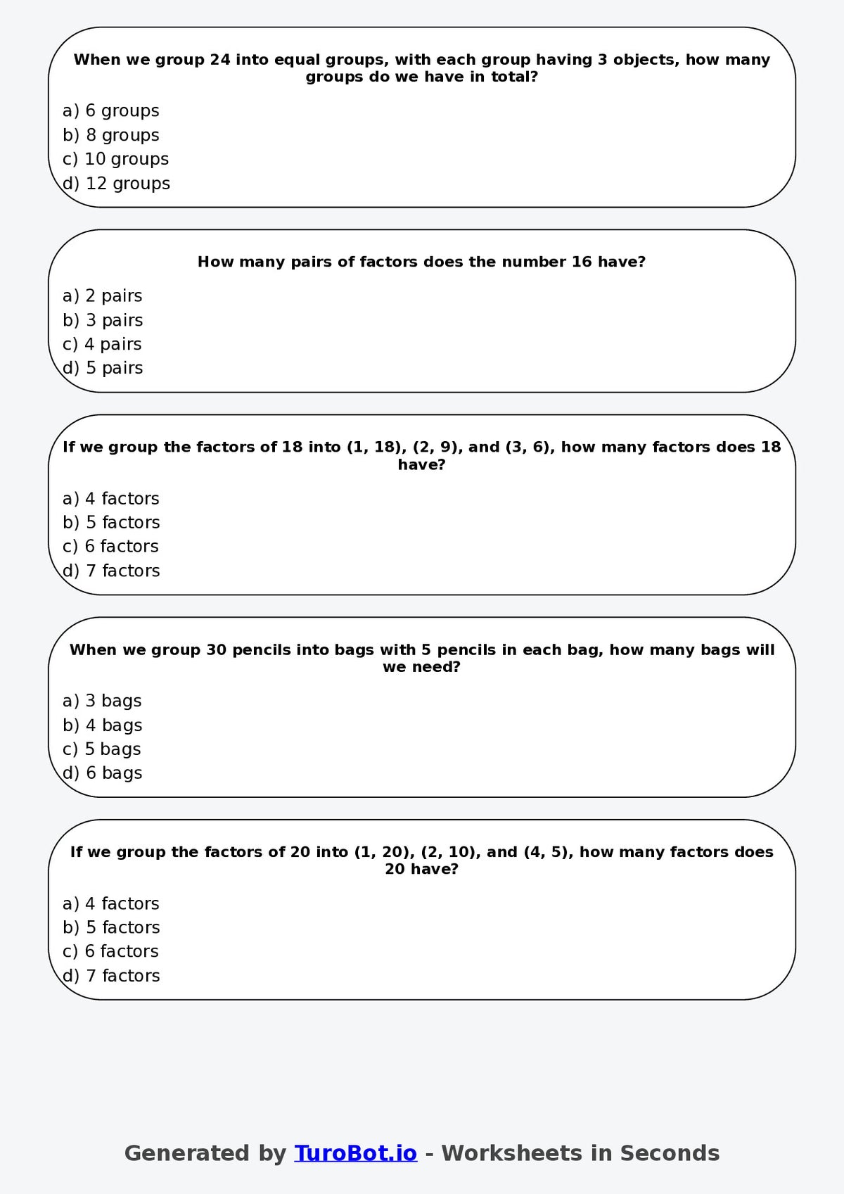 Year 5 Maths Multiple Choice Worksheet – Factors as Groups