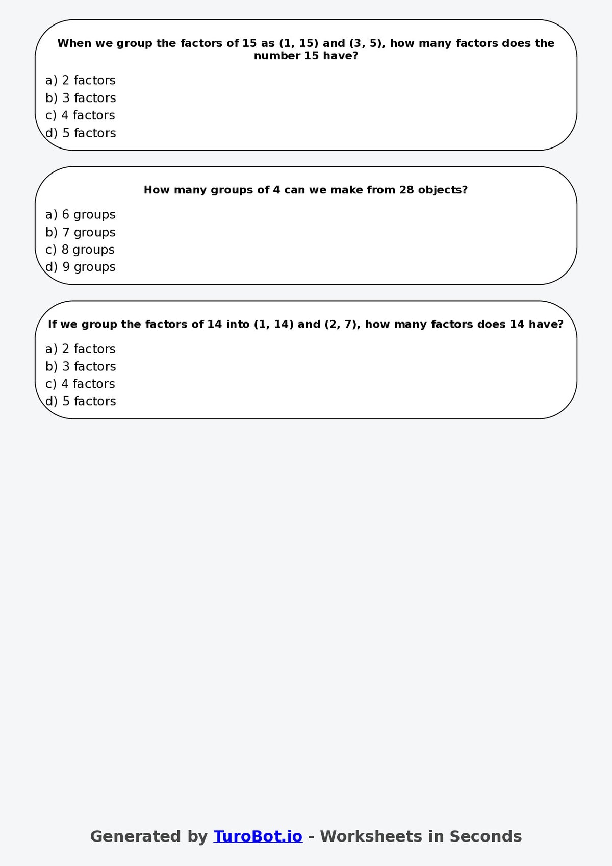 Year 5 Maths Multiple Choice Worksheet – Factors as Groups