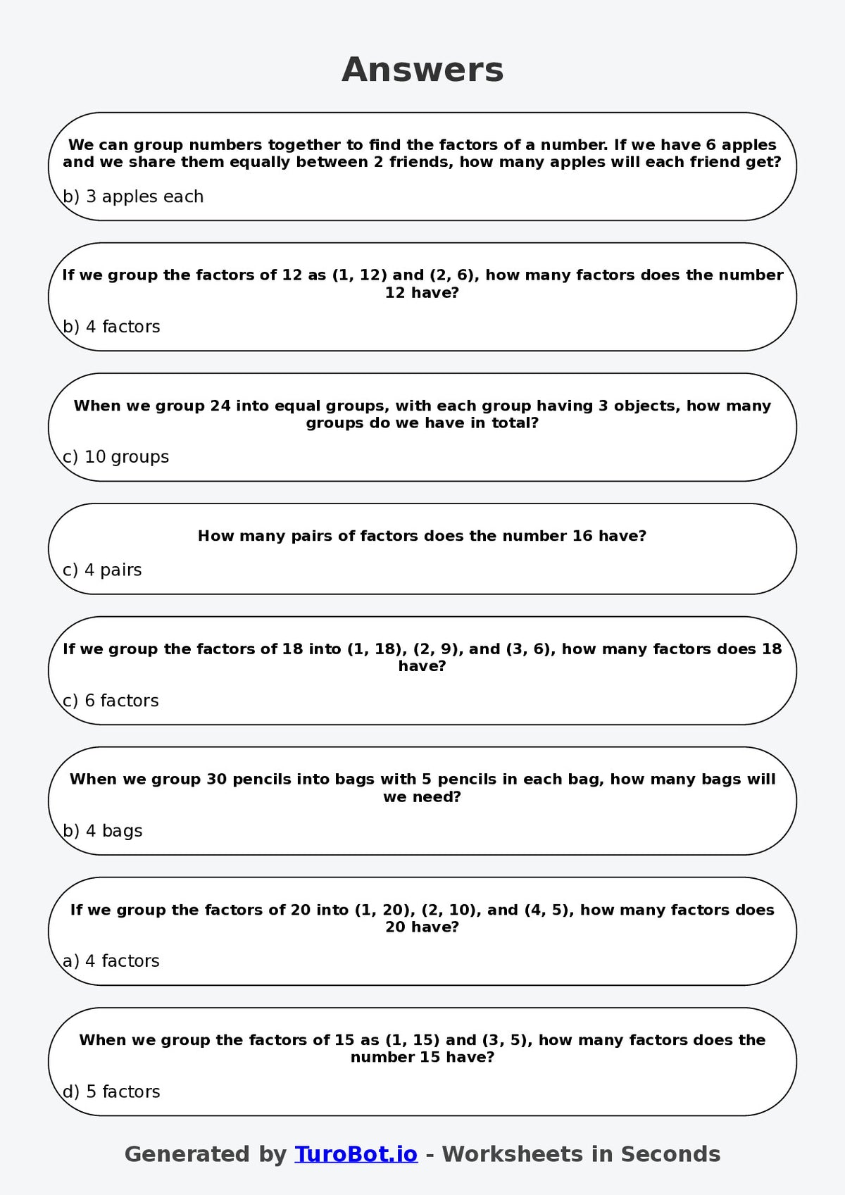 Year 5 Maths Multiple Choice Worksheet – Factors as Groups