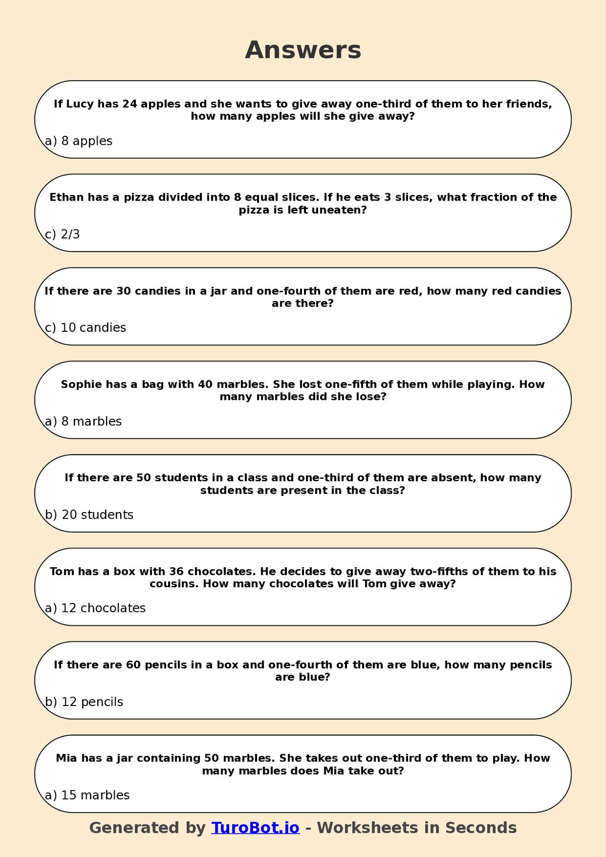Year 5 Maths Multiple Choice Worksheet – Fractions of Quantities