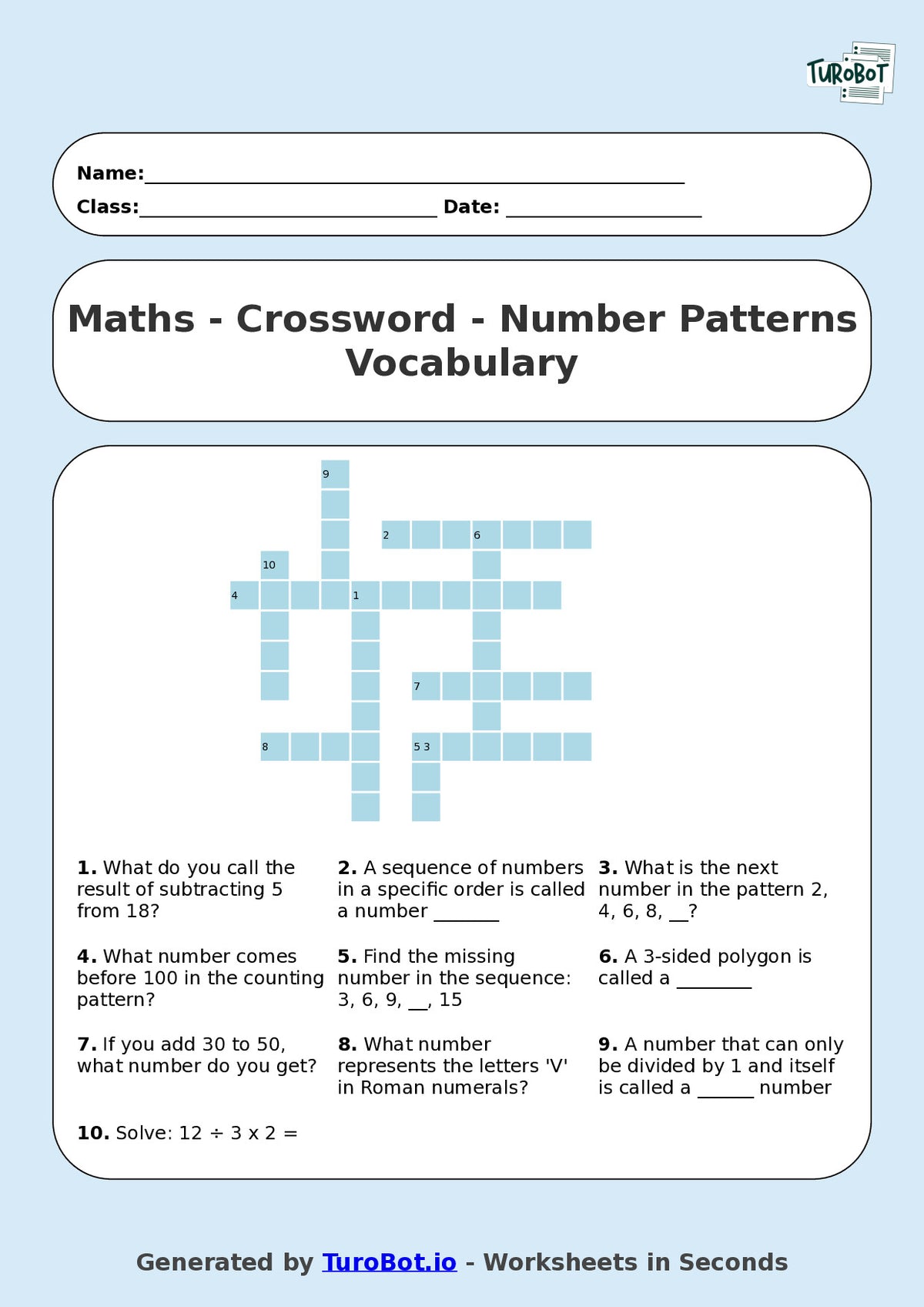 Year 6 Maths Crossword Worksheet – Number Patterns Vocabulary