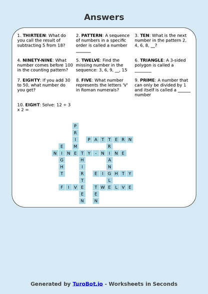 Year 6 Maths Crossword Worksheet – Number Patterns Vocabulary