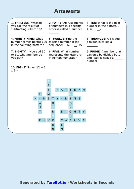 Year 6 Maths Crossword Worksheet – Number Patterns Vocabulary