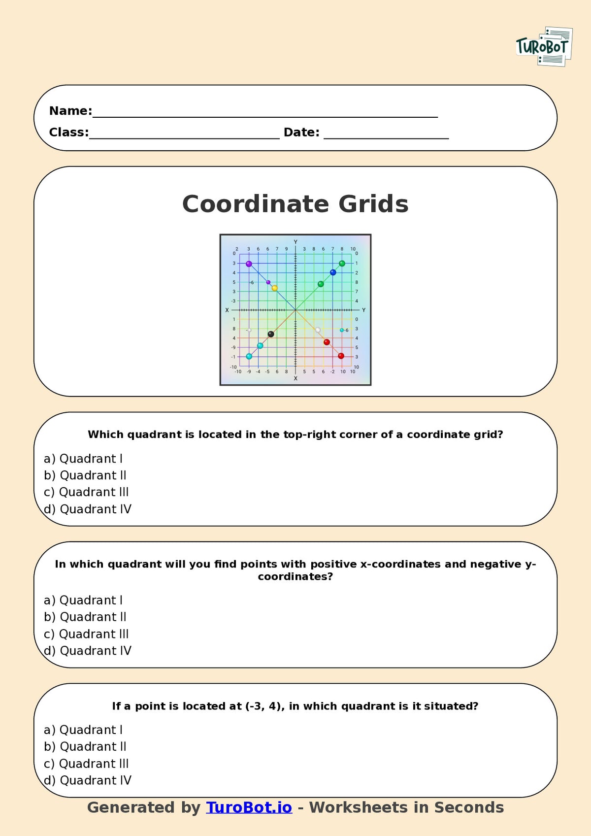 Year 6 Maths Multiple Choice Worksheet – Coordinate Grids in All Quadrants