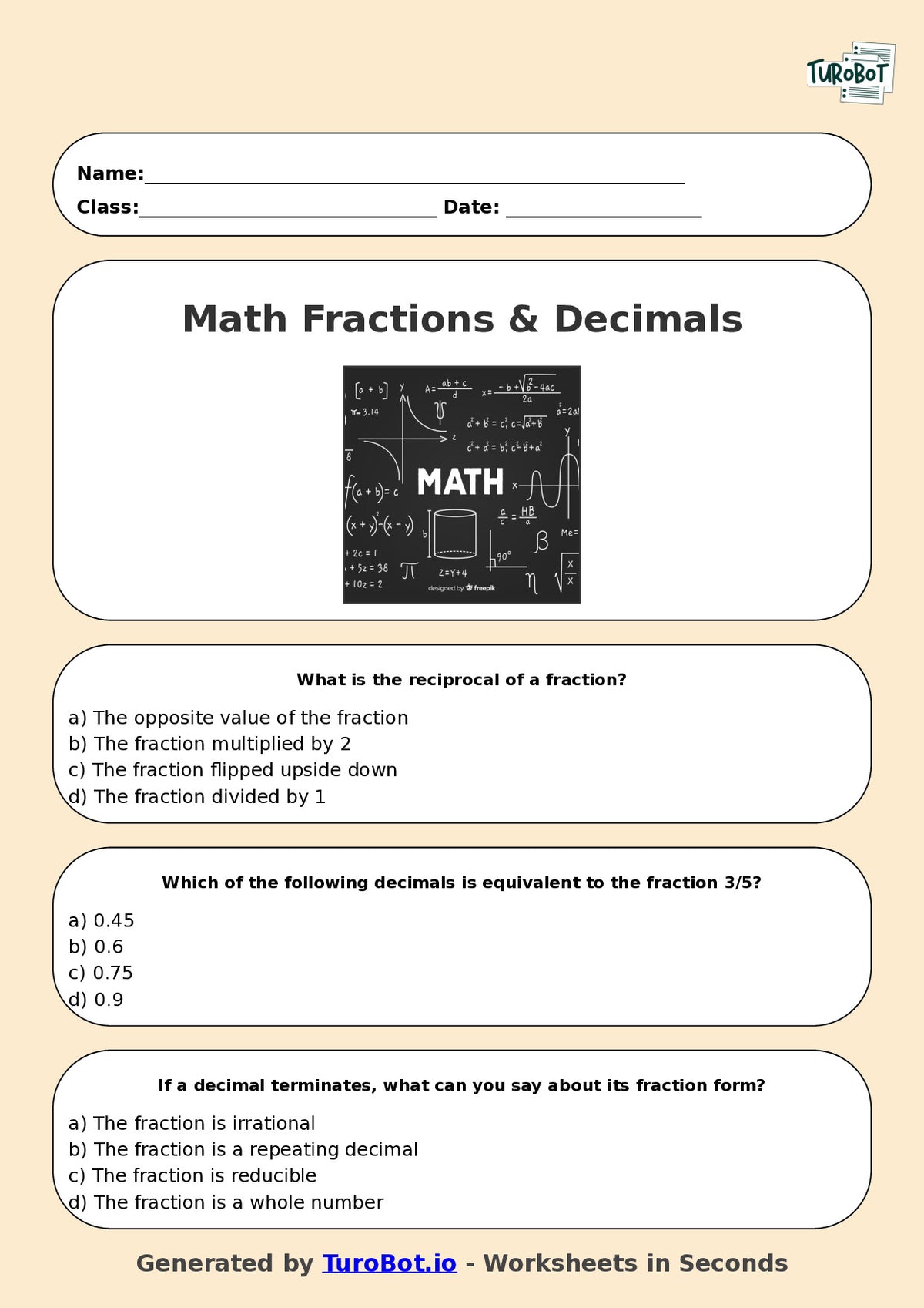 Year 6 Maths Multiple Choice Worksheet – Fractions & Decimals