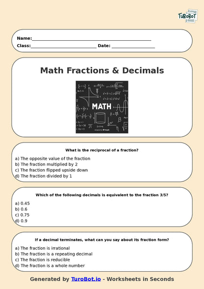 Year 6 Maths Multiple Choice Worksheet – Fractions & Decimals