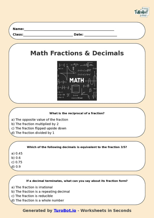 Year 6 Maths Multiple Choice Worksheet – Fractions & Decimals