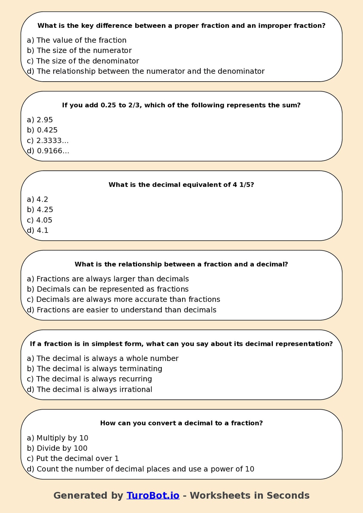 Year 6 Maths Multiple Choice Worksheet – Fractions & Decimals