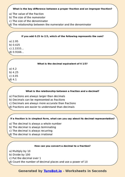 Year 6 Maths Multiple Choice Worksheet – Fractions & Decimals