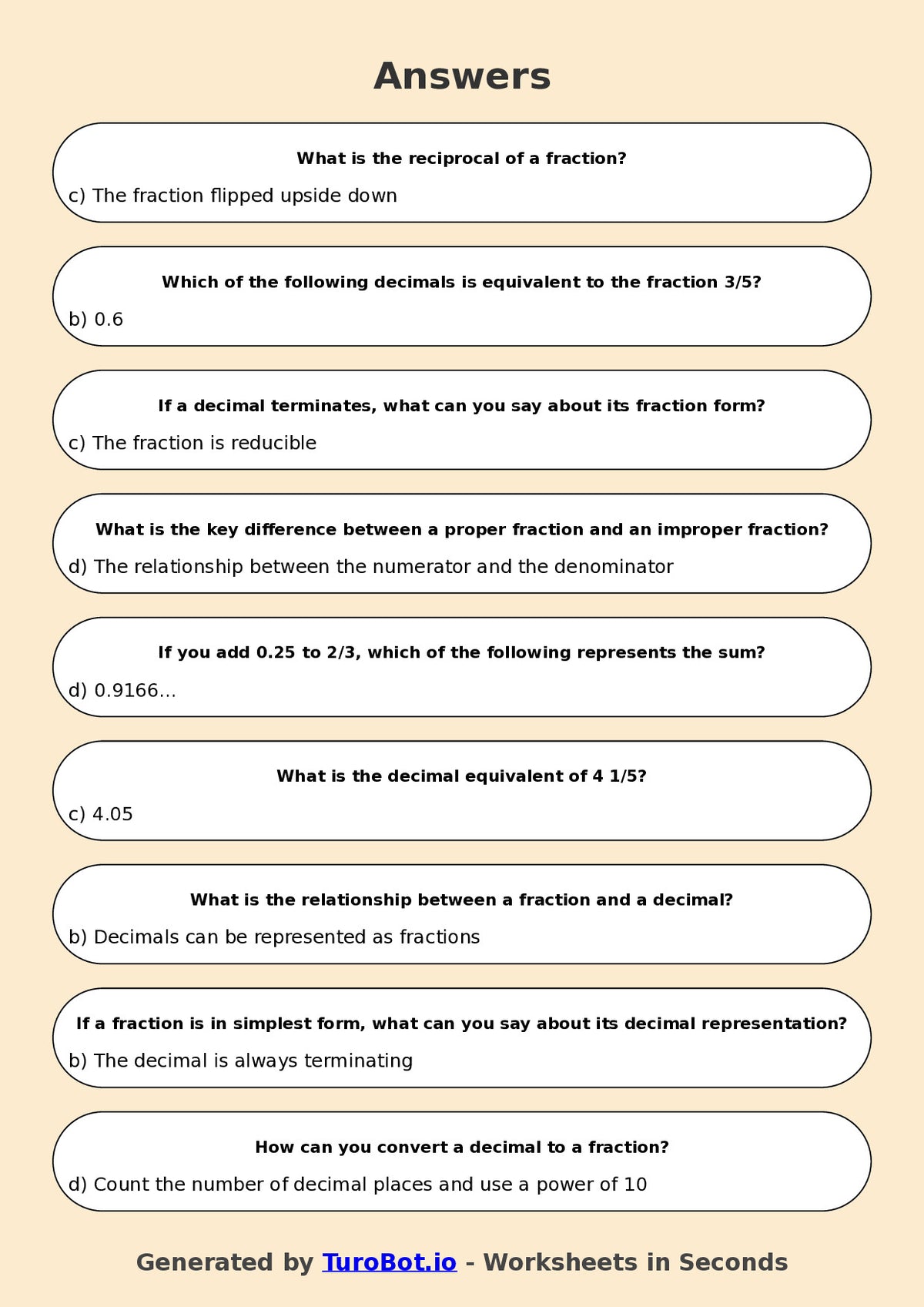 Year 6 Maths Multiple Choice Worksheet – Fractions & Decimals