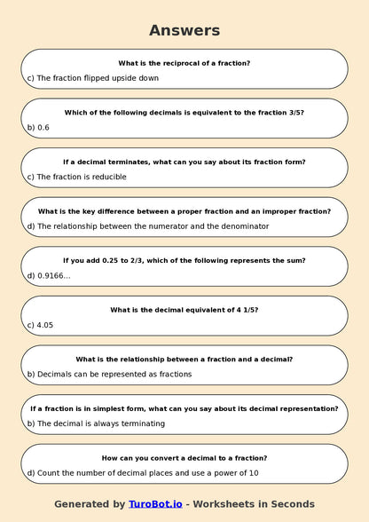 Year 6 Maths Multiple Choice Worksheet – Fractions & Decimals
