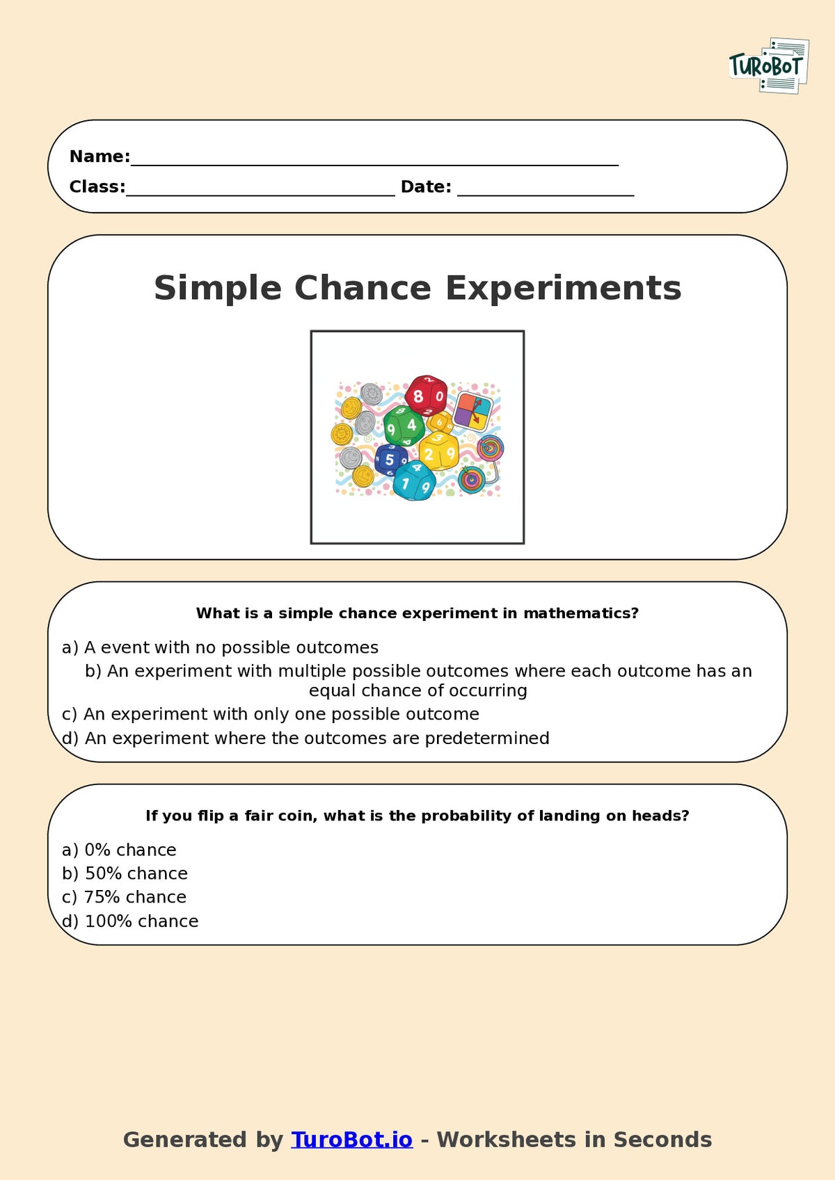 Year 6 Maths Multiple Choice Worksheet – Simple Chance Experiments