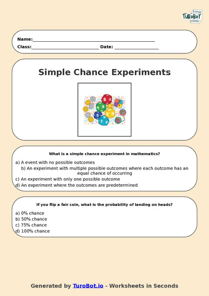 Year 6 Maths Multiple Choice Worksheet – Simple Chance Experiments
