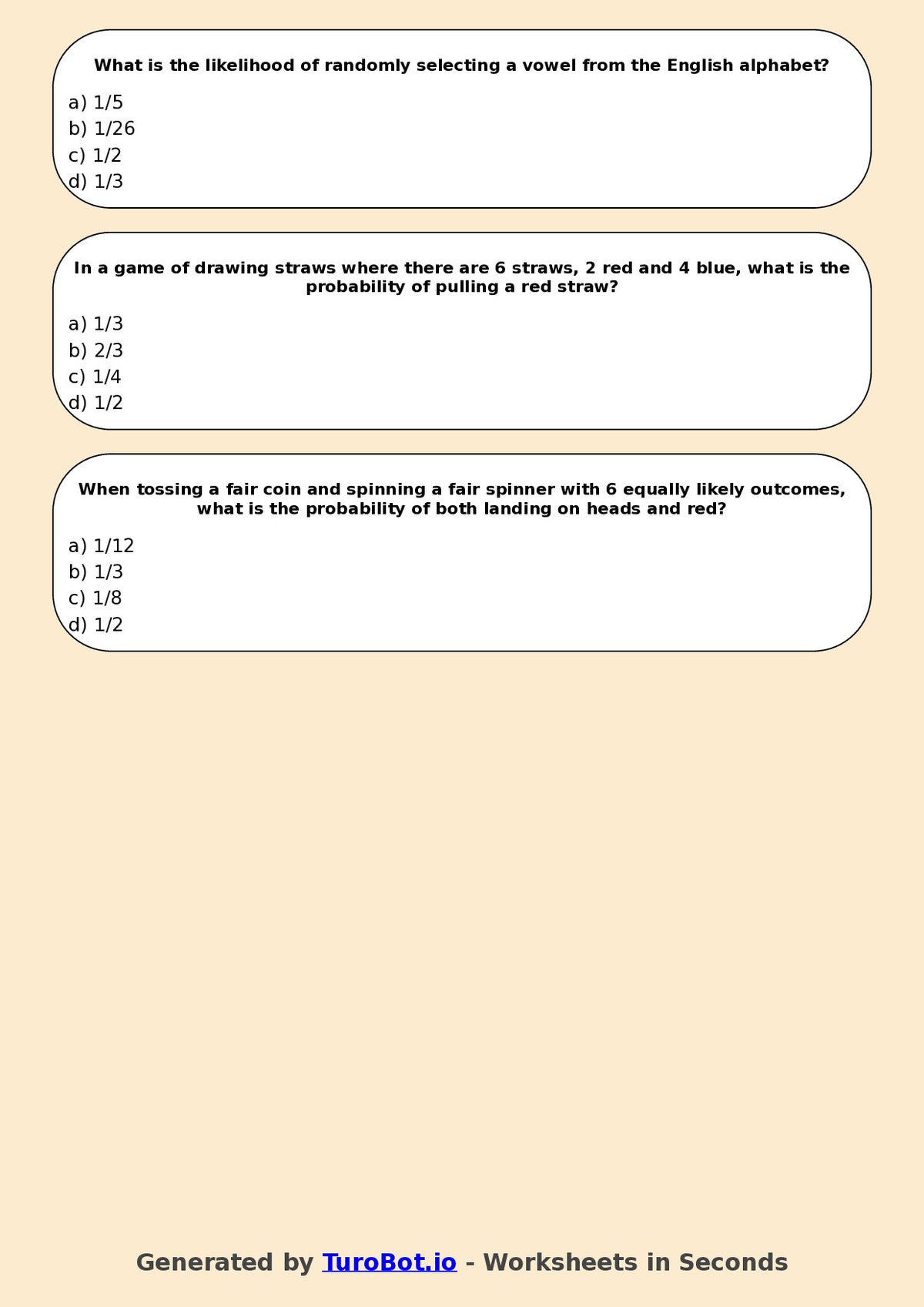 Year 6 Maths Multiple Choice Worksheet – Simple Chance Experiments