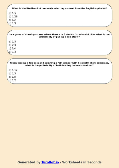 Year 6 Maths Multiple Choice Worksheet – Simple Chance Experiments
