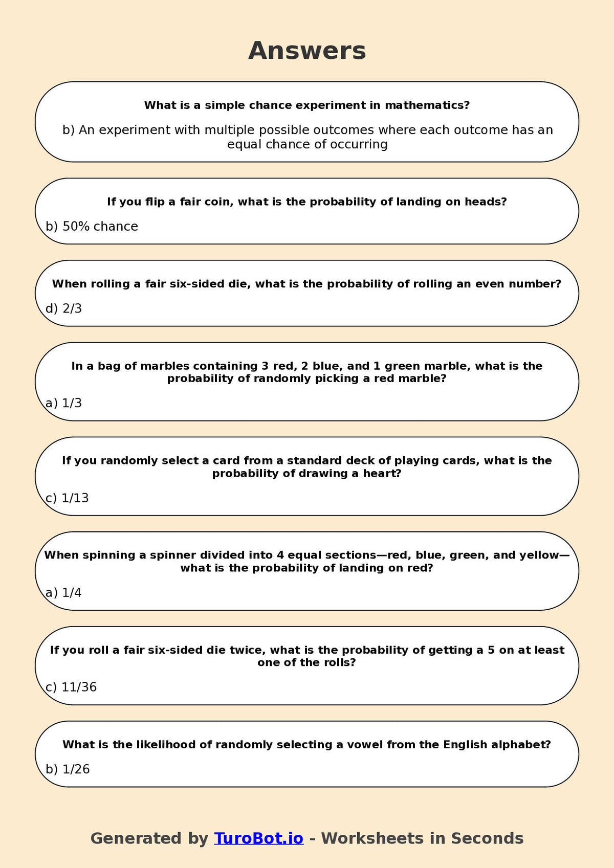 Year 6 Maths Multiple Choice Worksheet – Simple Chance Experiments