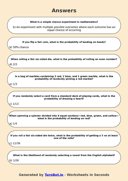Year 6 Maths Multiple Choice Worksheet – Simple Chance Experiments