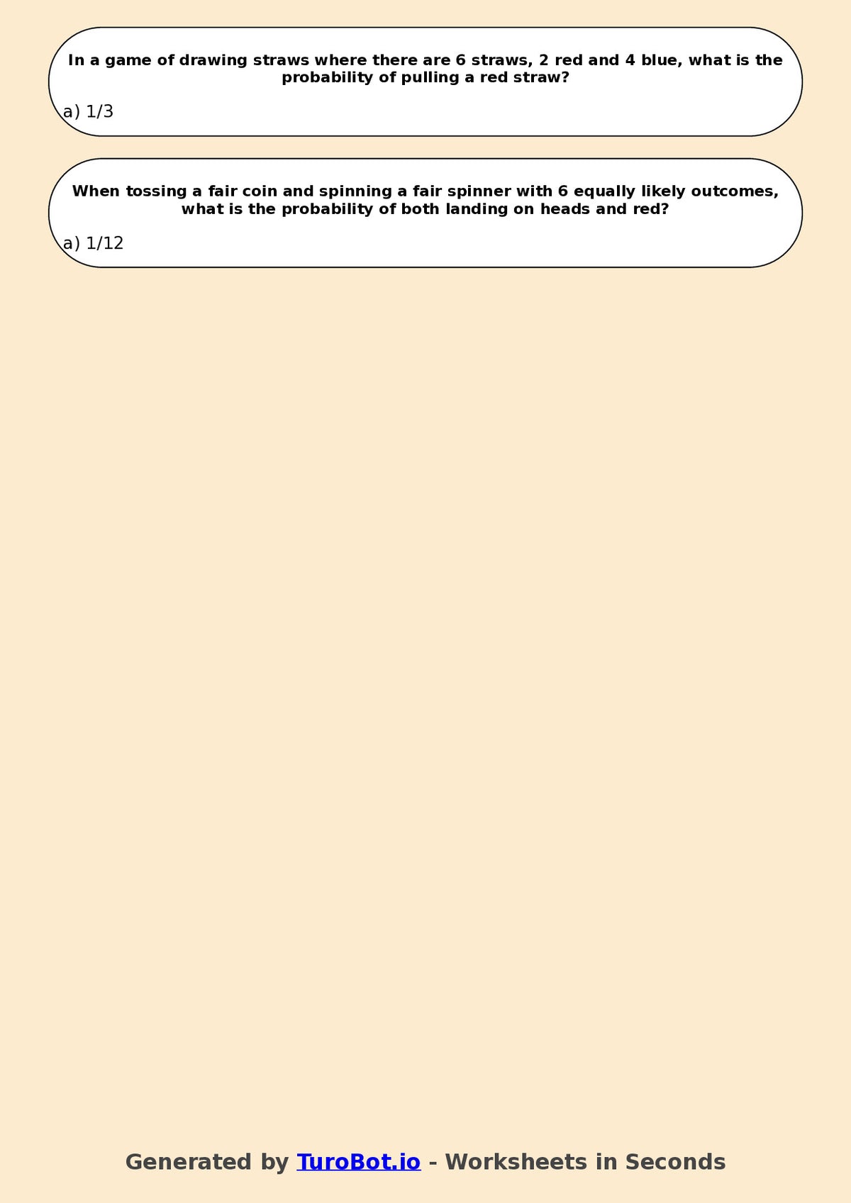 Year 6 Maths Multiple Choice Worksheet – Simple Chance Experiments