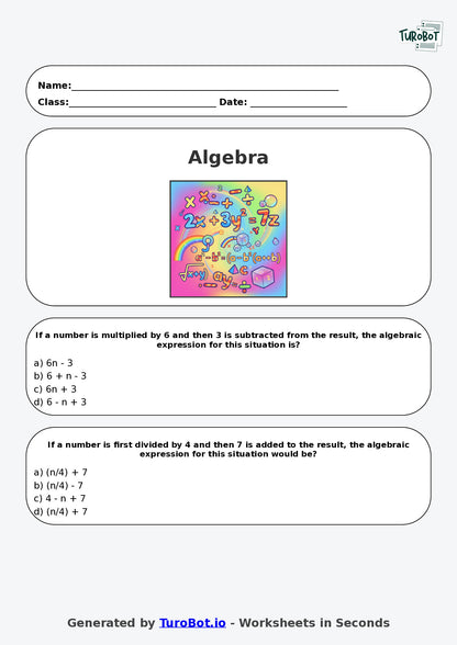 Year 7 Maths Multiple Choice Worksheet – Writing Algebra from Word Statements