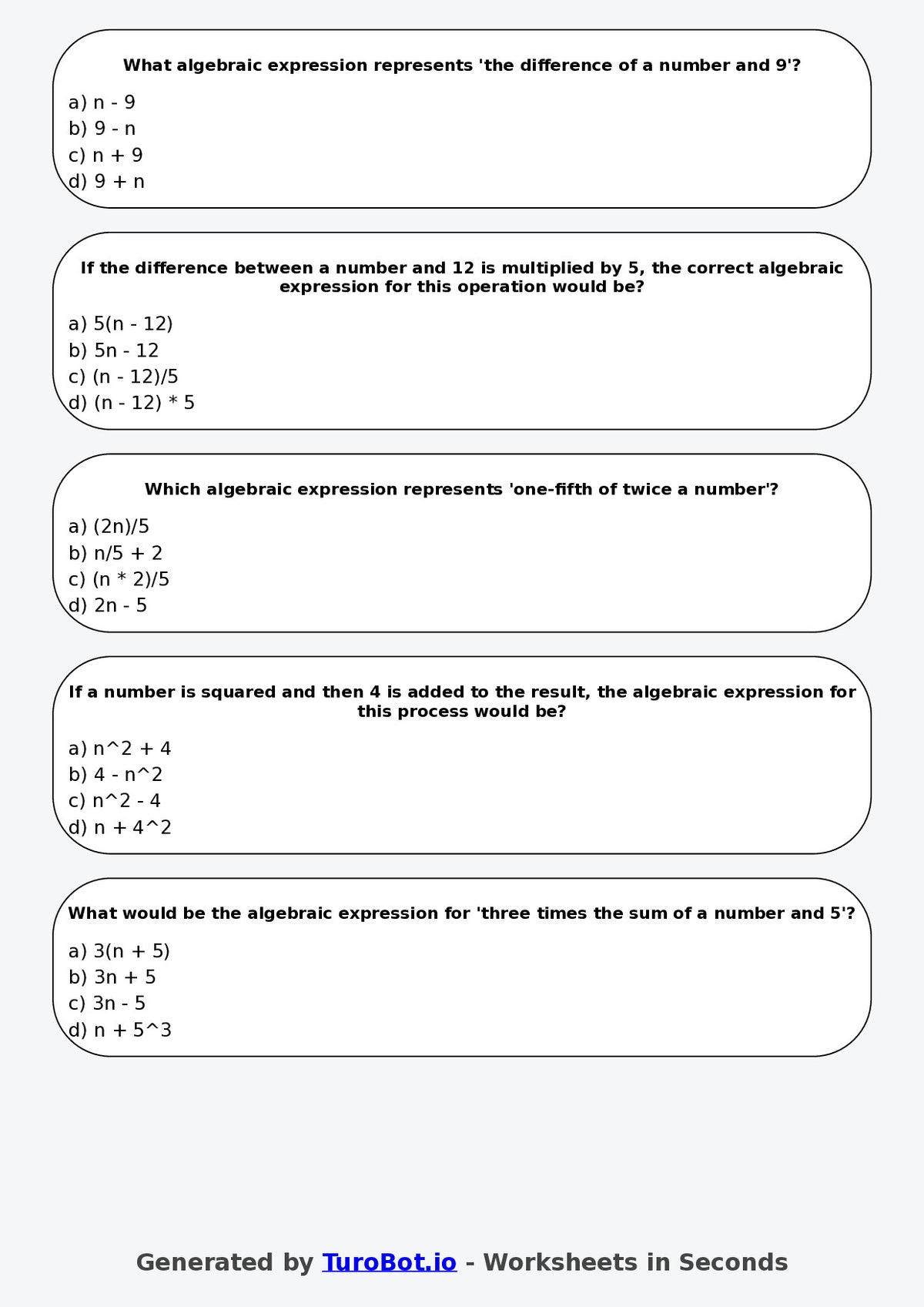 Year 7 Maths Multiple Choice Worksheet – Writing Algebra from Word Statements