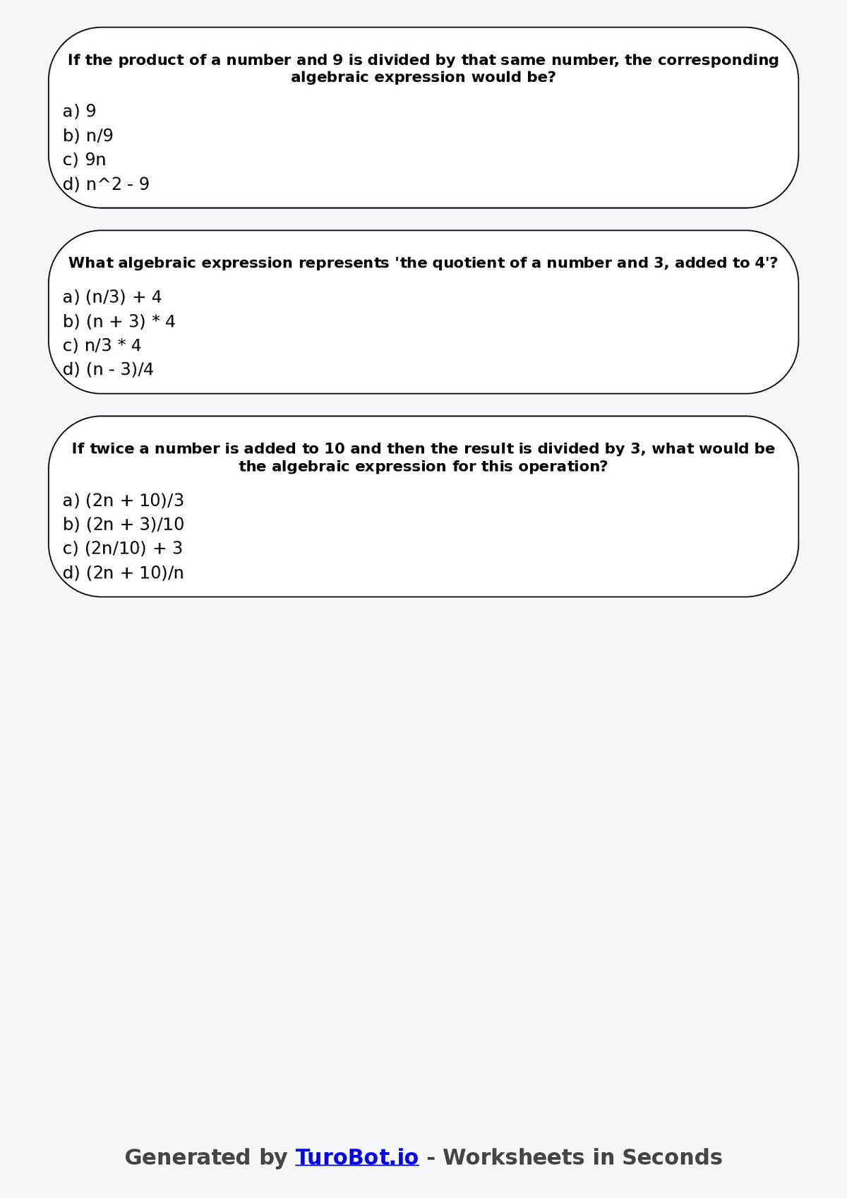 Year 7 Maths Multiple Choice Worksheet – Writing Algebra from Word Statements