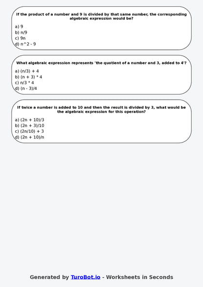 Year 7 Maths Multiple Choice Worksheet – Writing Algebra from Word Statements