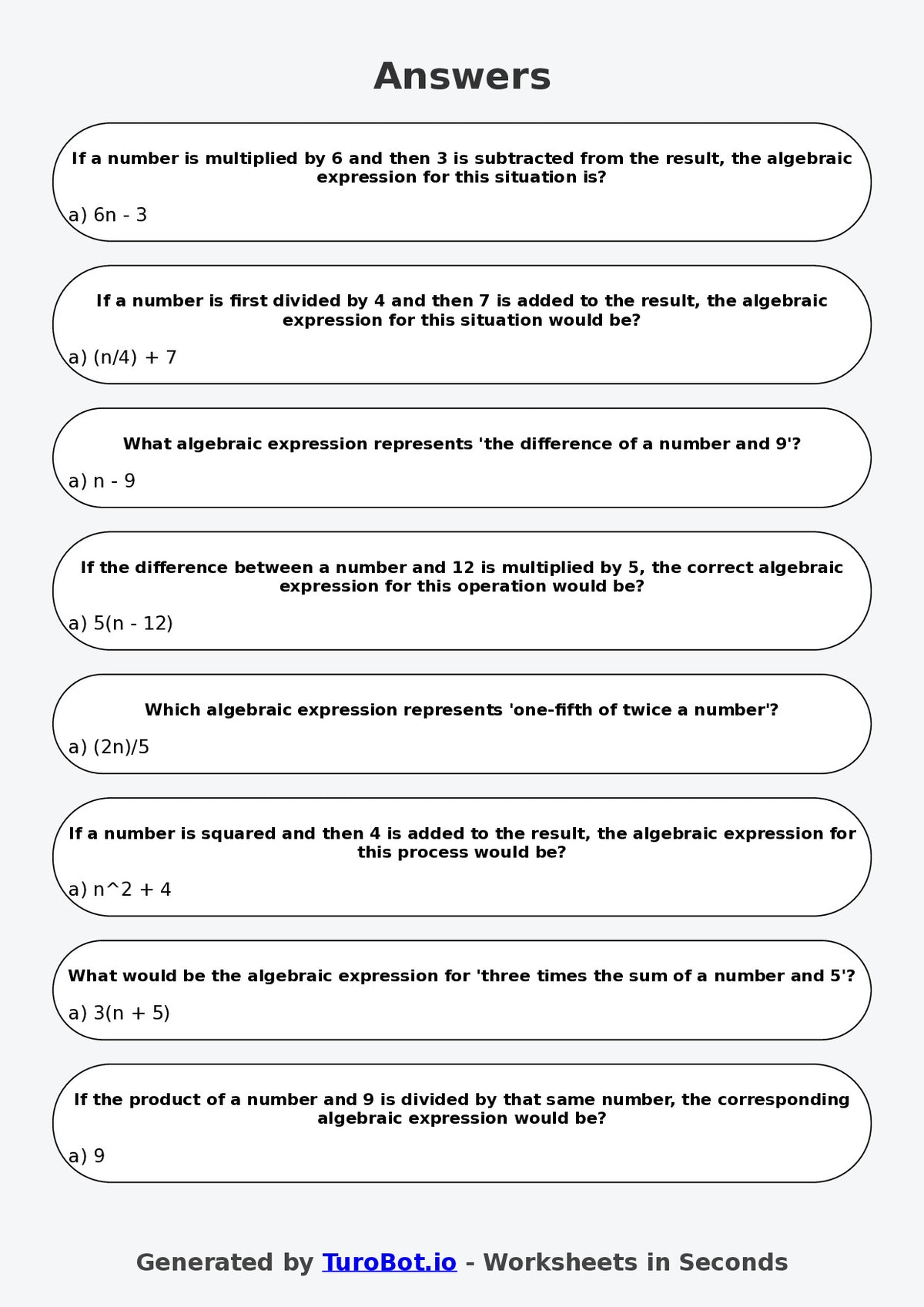 Year 7 Maths Multiple Choice Worksheet – Writing Algebra from Word Statements
