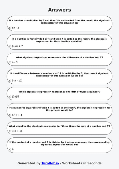 Year 7 Maths Multiple Choice Worksheet – Writing Algebra from Word Statements