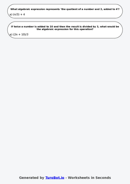 Year 7 Maths Multiple Choice Worksheet – Writing Algebra from Word Statements