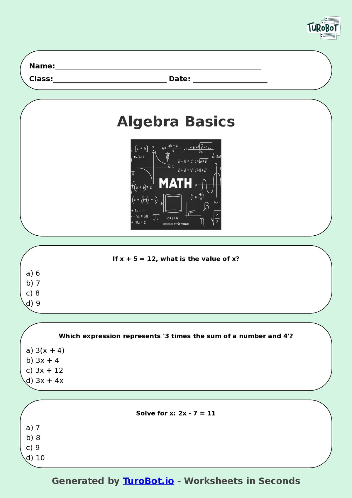 Year 7 Maths Multiple Choice Worksheet – Algebra Basics