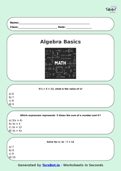 Year 7 Maths Multiple Choice Worksheet – Algebra Basics