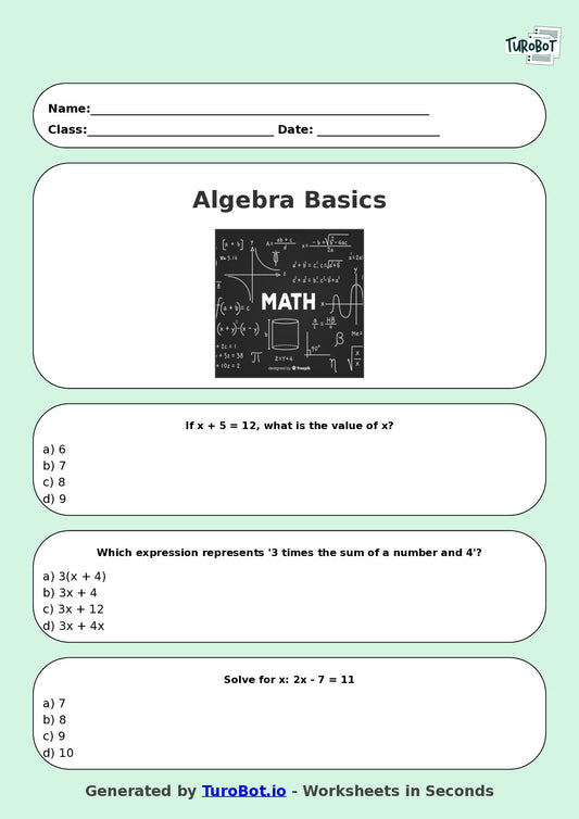 Year 7 Maths Multiple Choice Worksheet – Algebra Basics