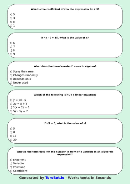 Year 7 Maths Multiple Choice Worksheet – Algebra Basics