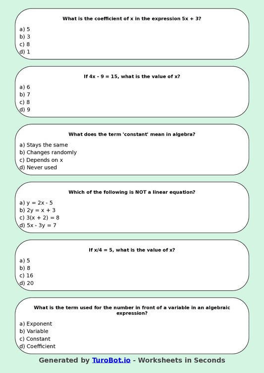 Year 7 Maths Multiple Choice Worksheet – Algebra Basics