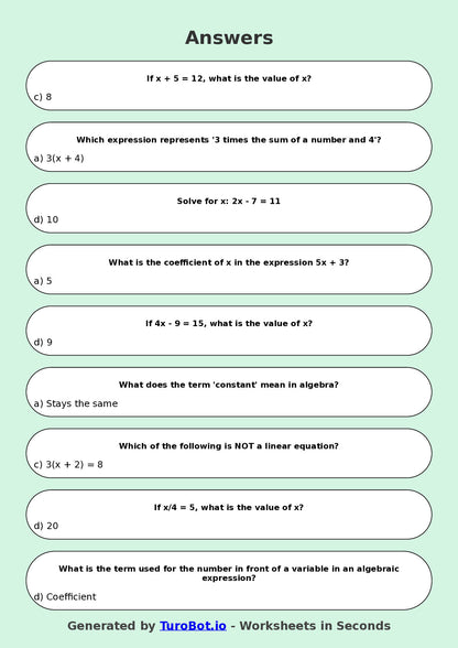 Year 7 Maths Multiple Choice Worksheet – Algebra Basics