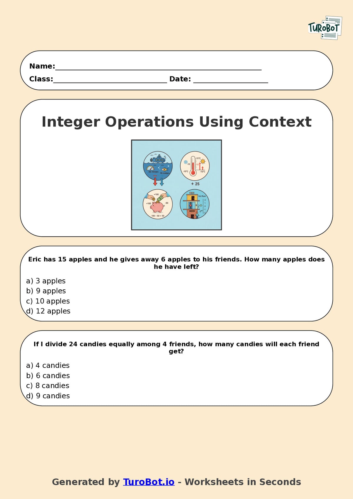 Year 7 Maths Multiple Choice Worksheet – Integer Operations Using Context