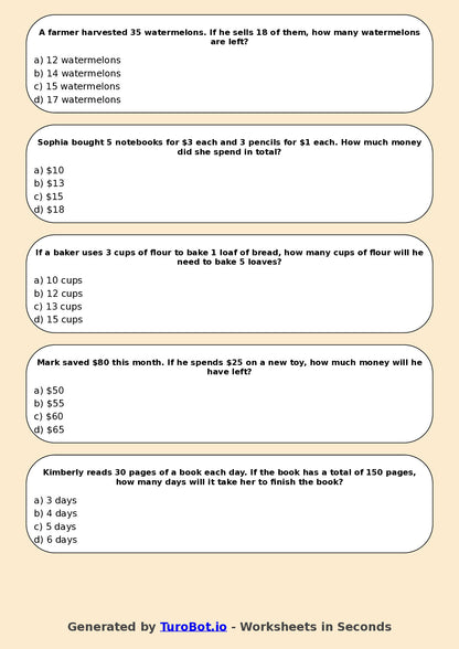 Year 7 Maths Multiple Choice Worksheet – Integer Operations Using Context