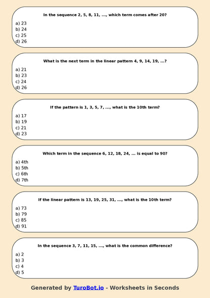 Year 7 Maths Multiple Choice Worksheet – Introduction to Linear Patterns