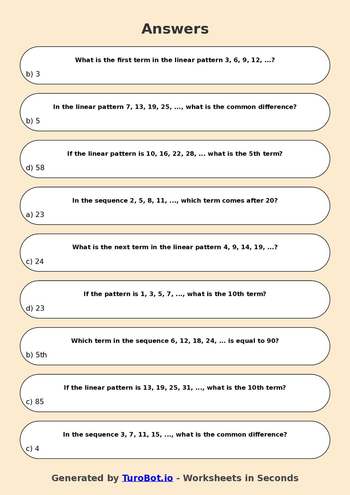 Year 7 Maths Multiple Choice Worksheet – Introduction to Linear Patterns
