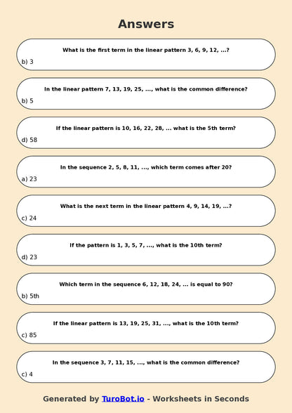 Year 7 Maths Multiple Choice Worksheet – Introduction to Linear Patterns