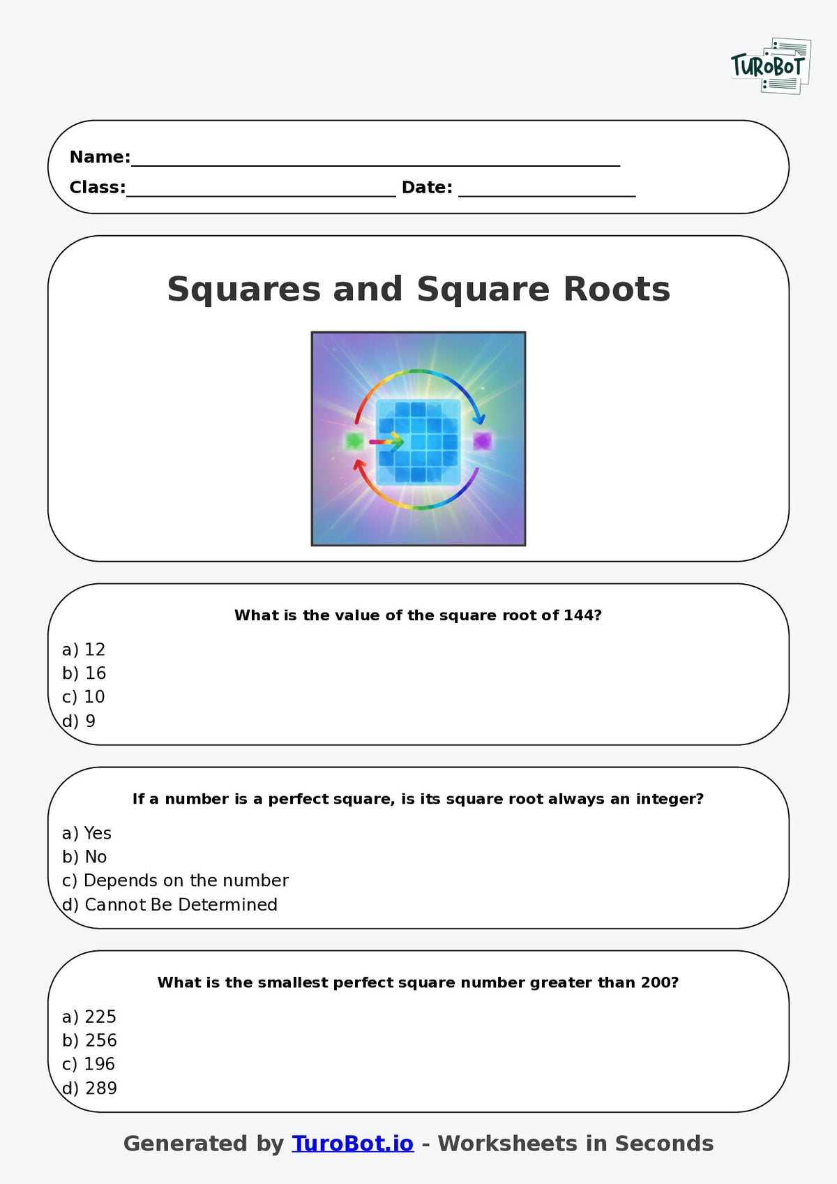 Year 7 Maths Multiple Choice Worksheet – Squares and Square Roots Concepts