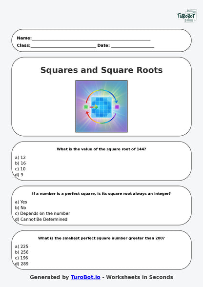 Year 7 Maths Multiple Choice Worksheet – Squares and Square Roots Concepts
