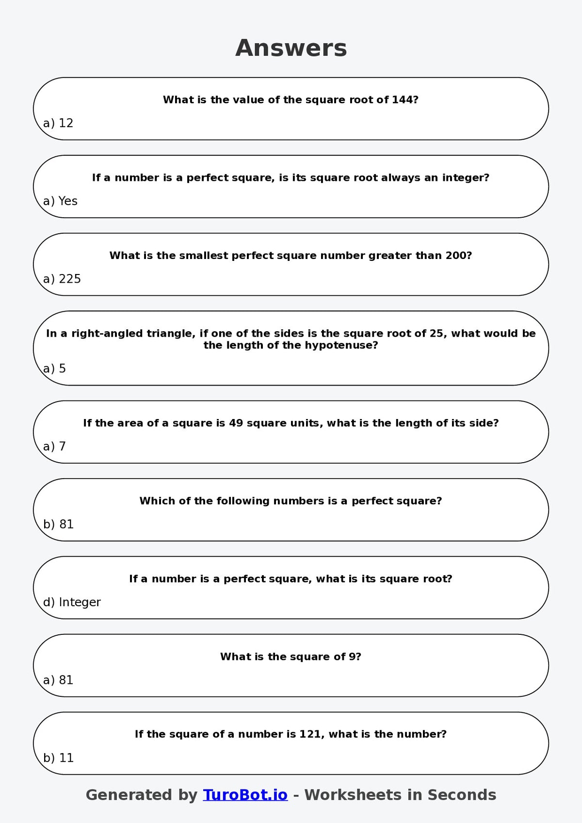 Year 7 Maths Multiple Choice Worksheet – Squares and Square Roots Concepts