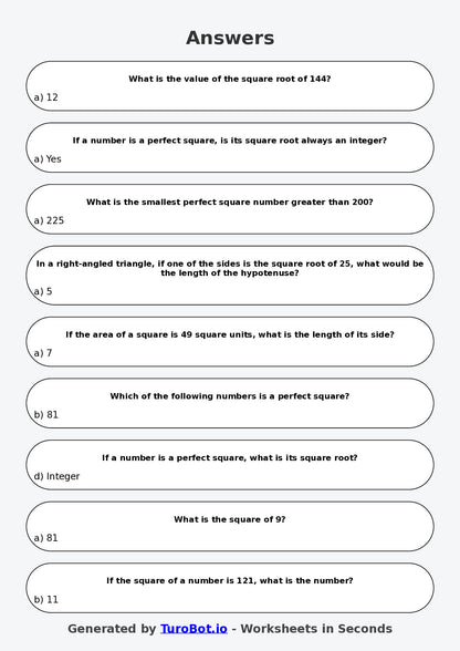 Year 7 Maths Multiple Choice Worksheet – Squares and Square Roots Concepts