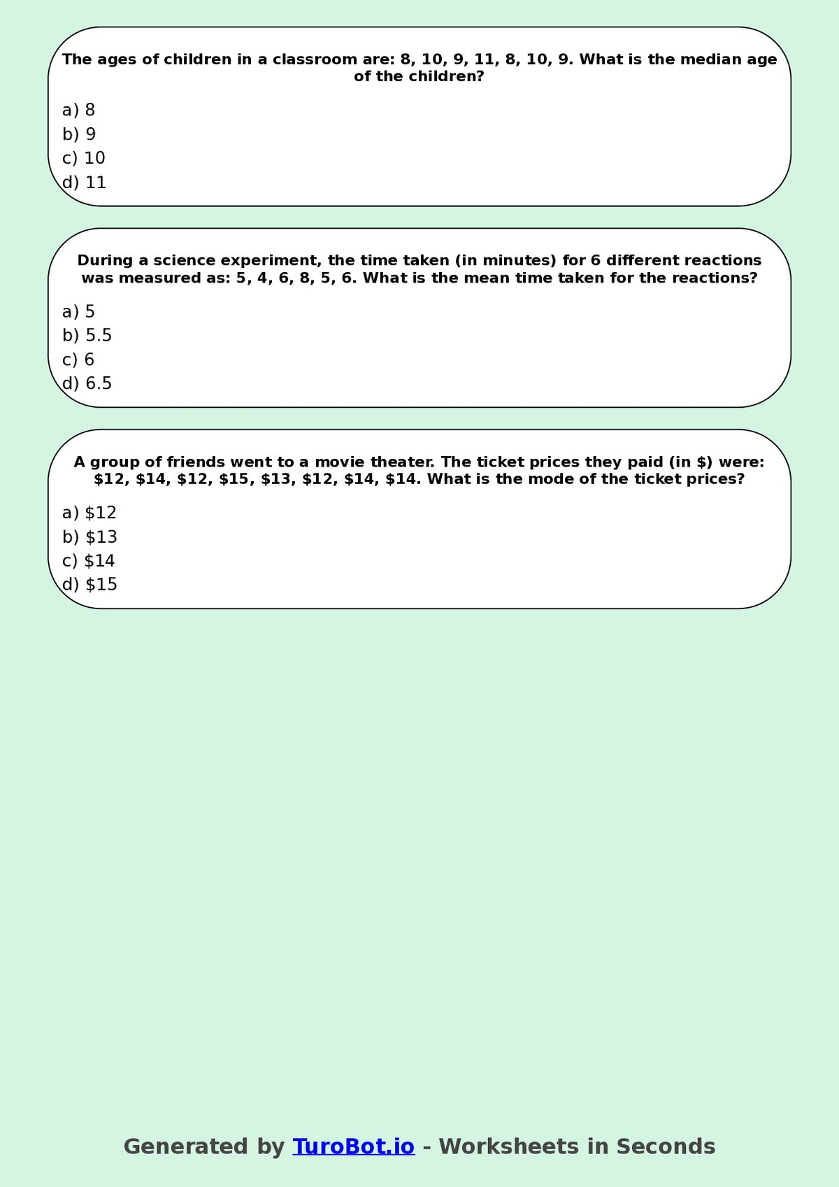 Year 8 Maths Multiple Choice Worksheet – Mean Median and Mode in Context
