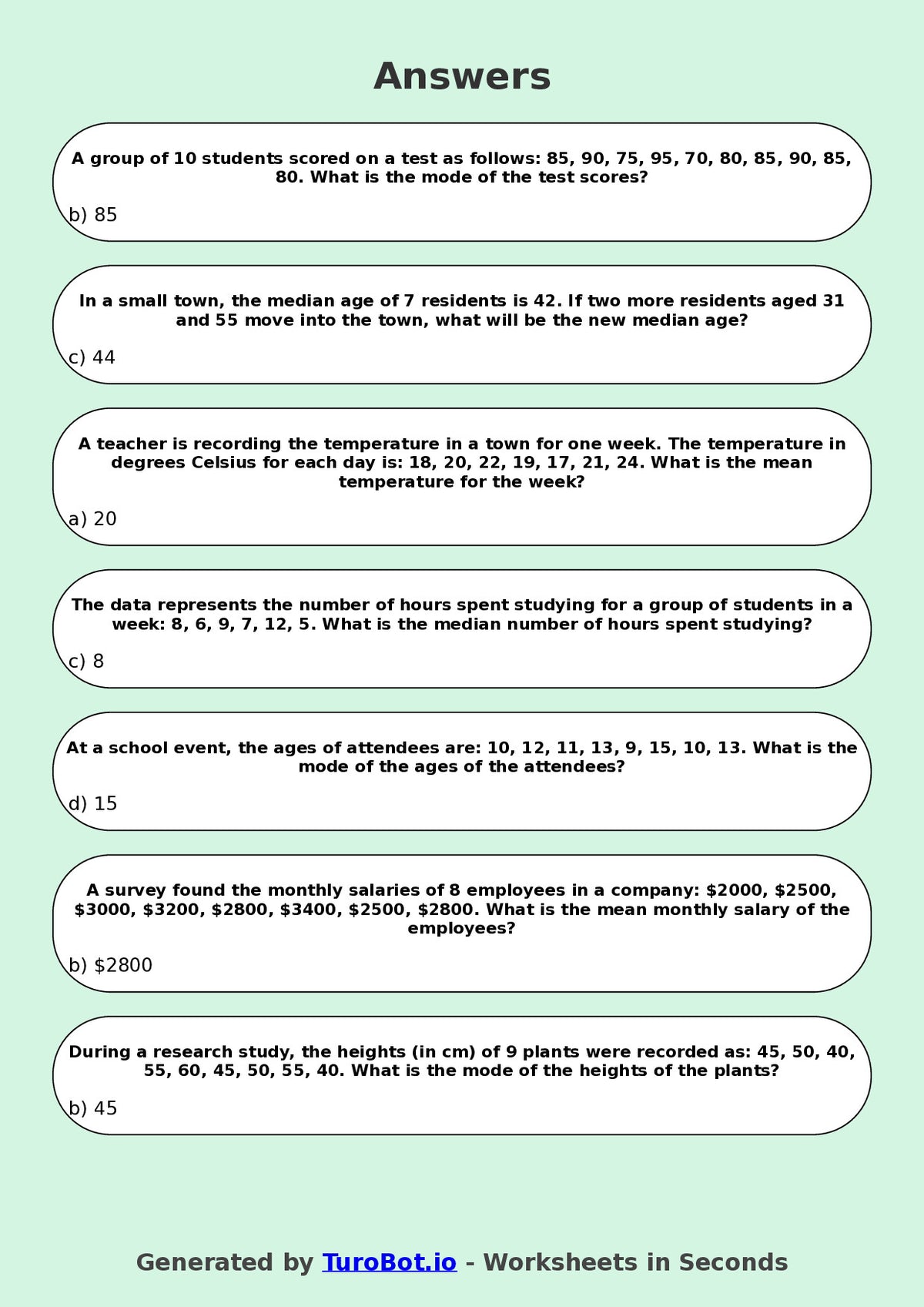 Year 8 Maths Multiple Choice Worksheet – Mean Median and Mode in Context